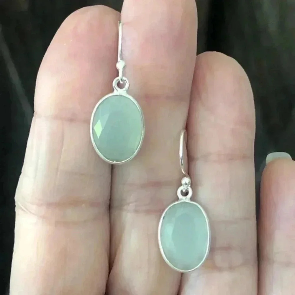Light Jade Chalcedony Beveled Oval 925 Sterling Silver Handmade Earrings NWT